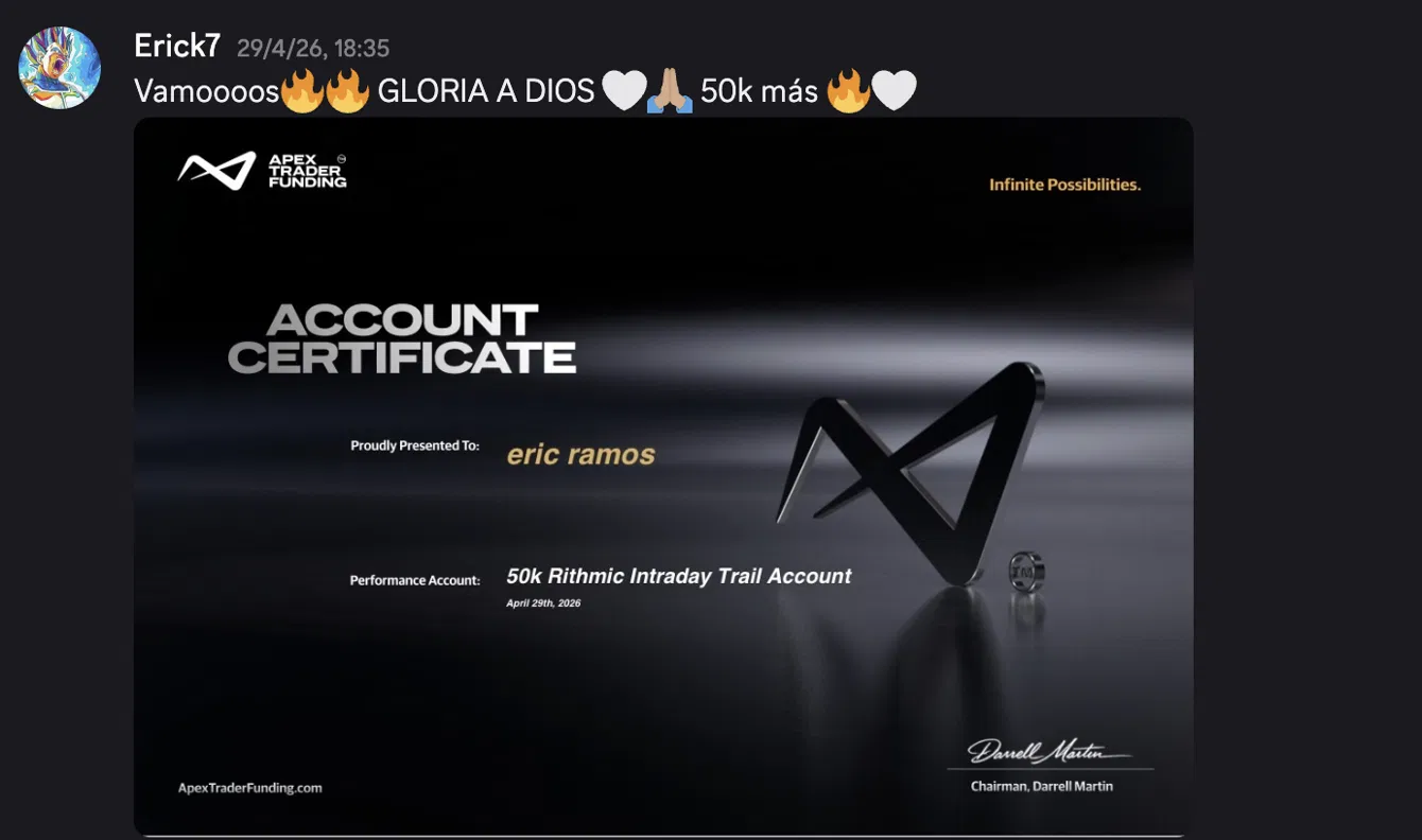 Captura de Erick con certificado Apex Trader Funding — 50k Rithmic Intraday Trail Account