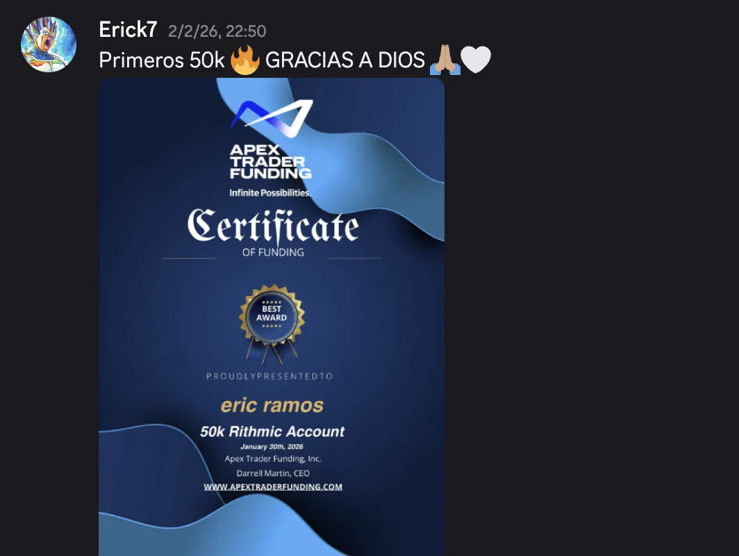 Captura de Erick con certificado de fondeo Apex — primeros 50k Rithmic Account