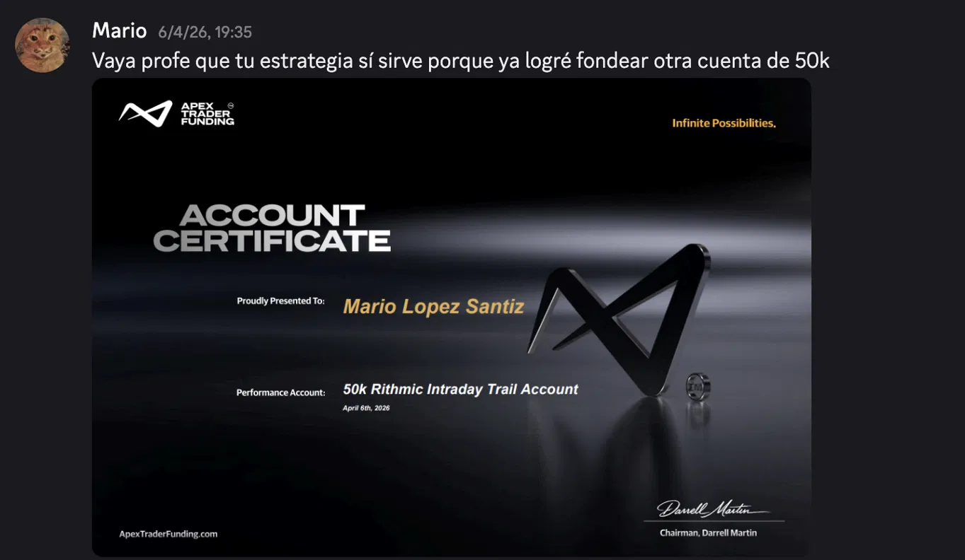 Captura de Mario López con certificado Apex Trader Funding — otra cuenta de 50K