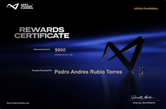 Certificado de rewards de Pedro Andres Rubio Torres — 900 USD