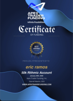 Certificado de fondeo Apex Trader Funding — eric ramos, primeros $50,000