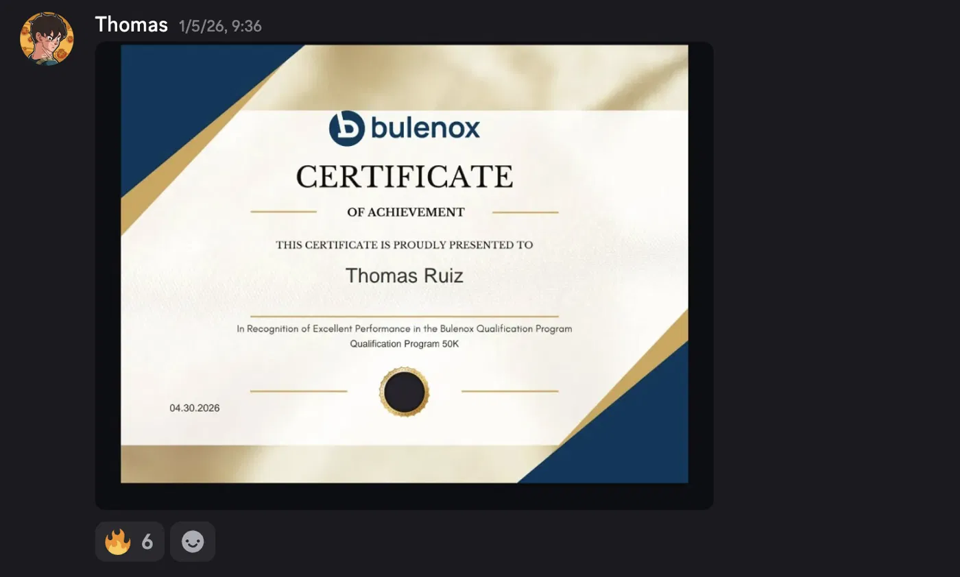 Captura de Thomas con certificado Bulenox — Thomas Ruiz, Qualification Program 50K
