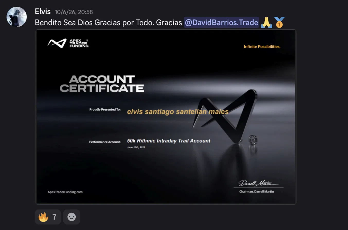 Captura de Elvis con certificado Apex Trader Funding — cuenta fondeada 50K