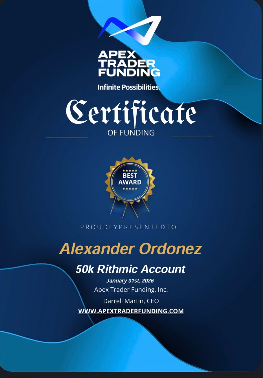 Certificado de fondeo Apex Trader Funding — Alexander Ordoñez, cuenta de $50,000 Rithmic