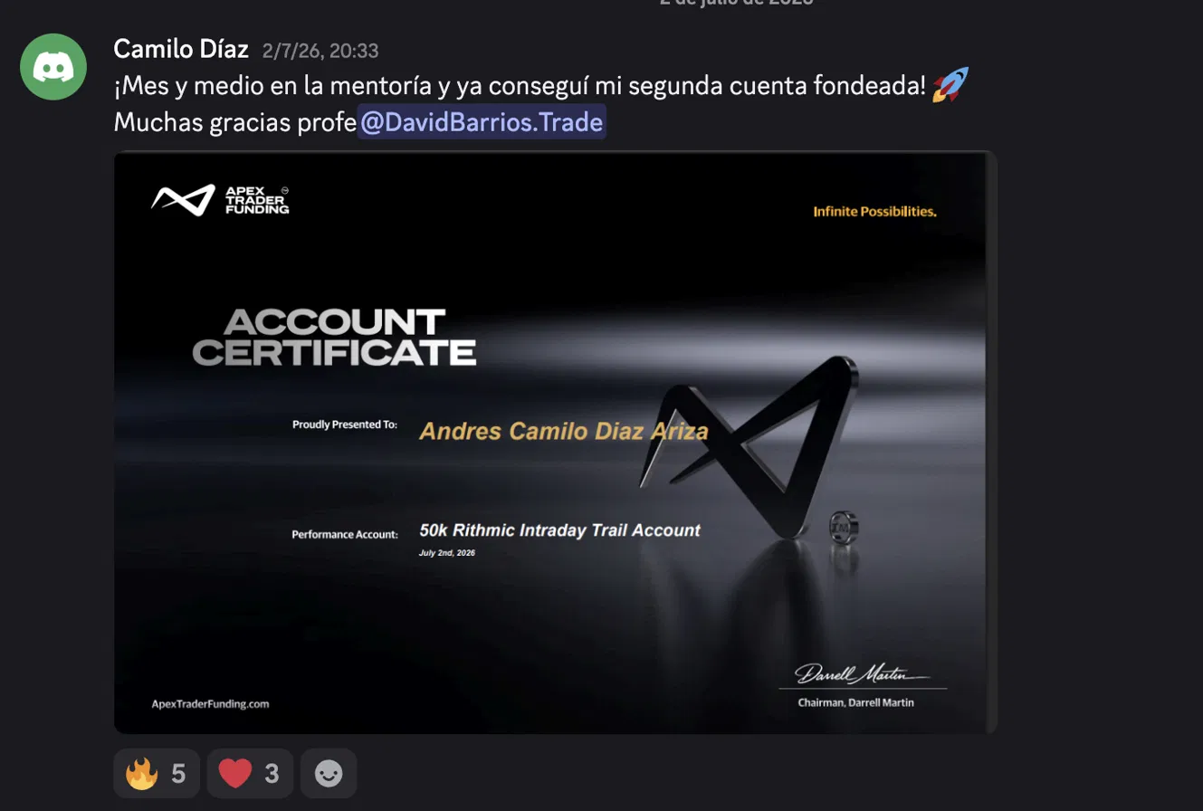 Captura de Camilo Díaz con certificado Apex Trader Funding — segunda cuenta fondeada 50K