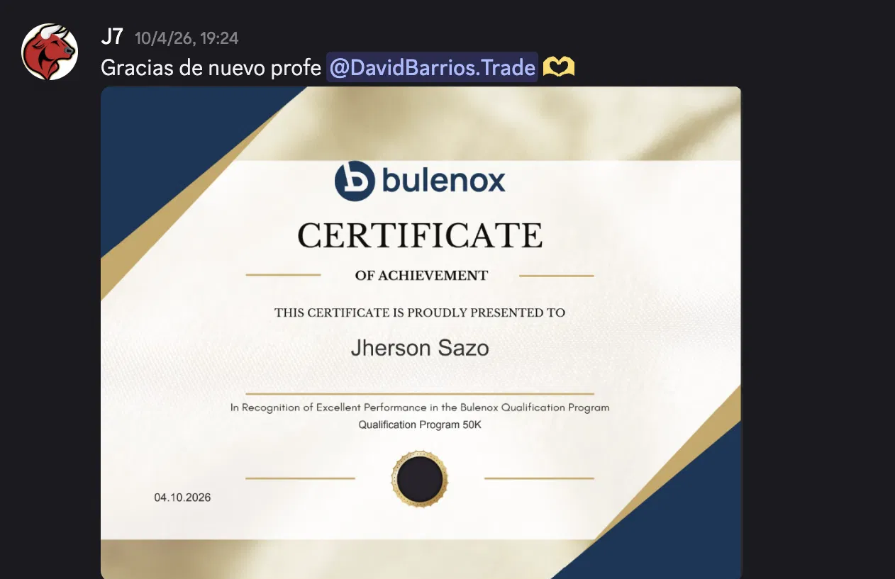 Captura de Jherson Sazo con certificado Bulenox — Qualification Program 50K