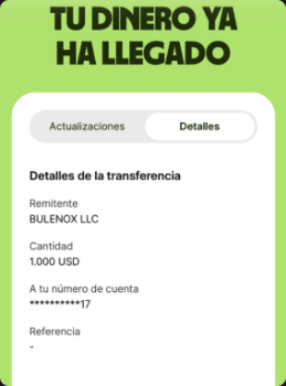 Confirmación de transferencia de Bulenox compartida por Erick7 — 1.000 USD