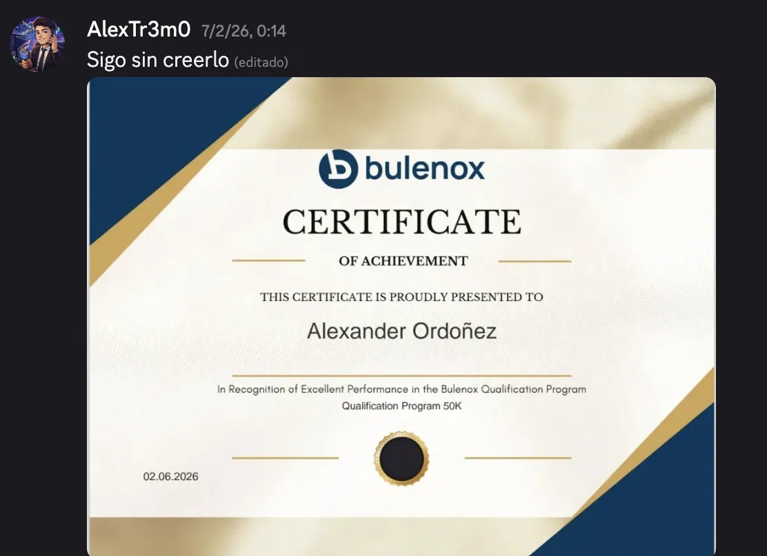Captura de Alexander Ordoñez con certificado Bulenox — Qualification Program 50K