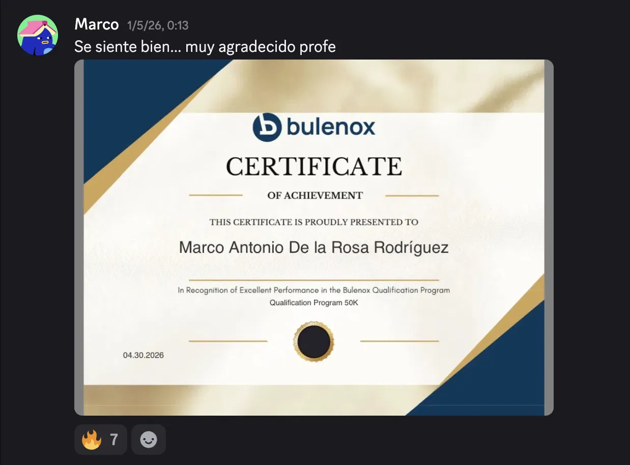 Captura de Marco con certificado Bulenox — Marco Antonio De la Rosa, 50K